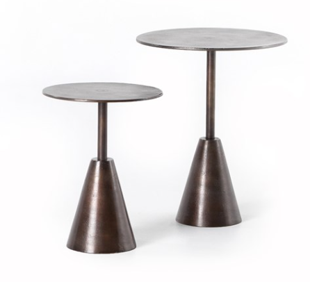 Pair of antique rust side tables with round top, cone shaped base