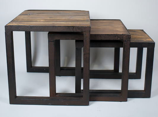 Nesting side tables, rustic wood and iron frame