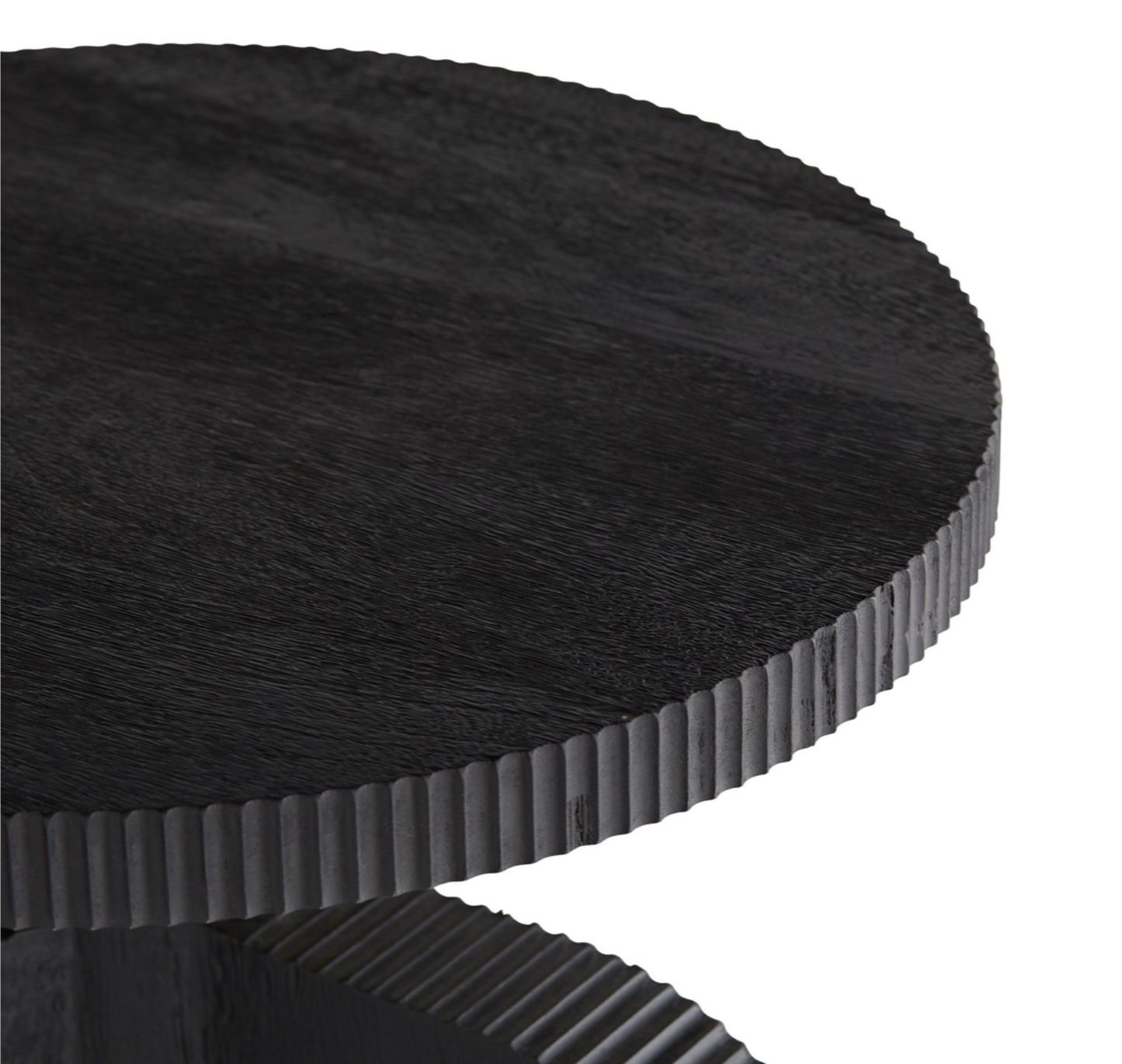 Black wood side table, 3 legs, round fluted top
