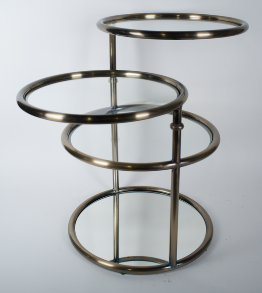 Brass, glass and mirror articulating side table with four levels