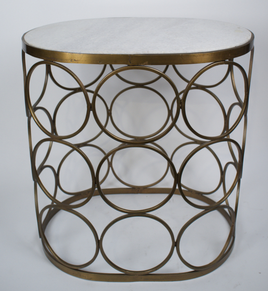 Brass open circle base side table with white marble top