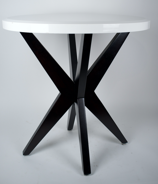 White gloss oval top, black X-base side table