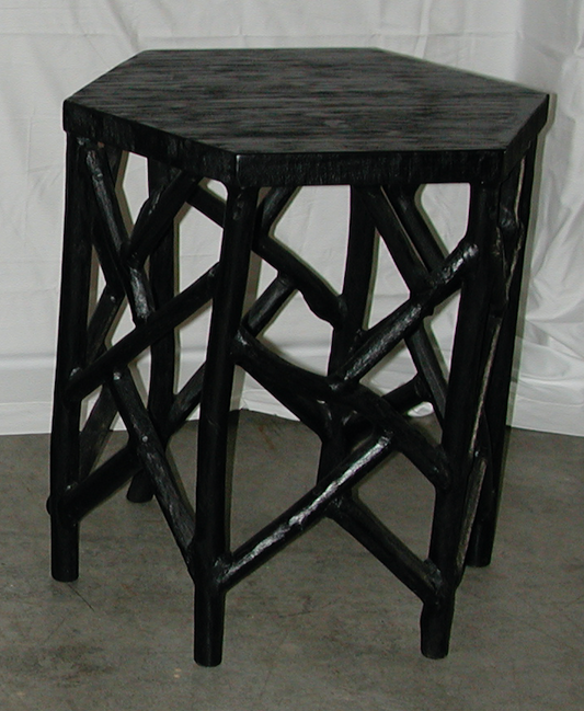 Black wood hex top side table with branch like frame