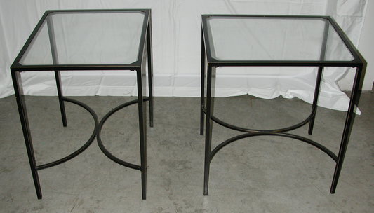Rectangular side tables, black metal frame, glass top