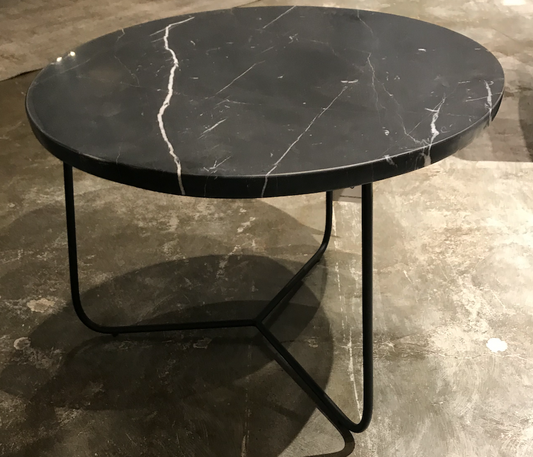 Round black marble with white veins side table or coffee table, black metal base