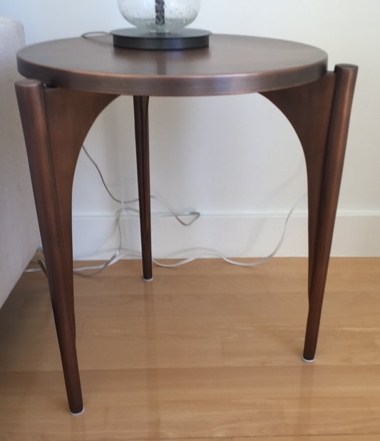 Copper colored, round top, 3 legged side table