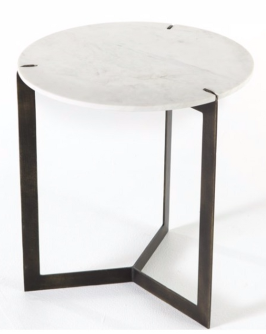 Round white marble sits atop an iron base, side table