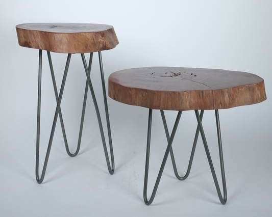 Live edge side tables with hairpin legs