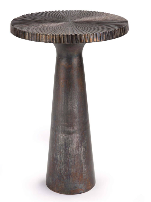 Warm blackened zinc pedestal side table with fluted top