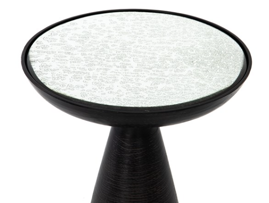 Black metal pedestal side table with beveled antique mirrored top