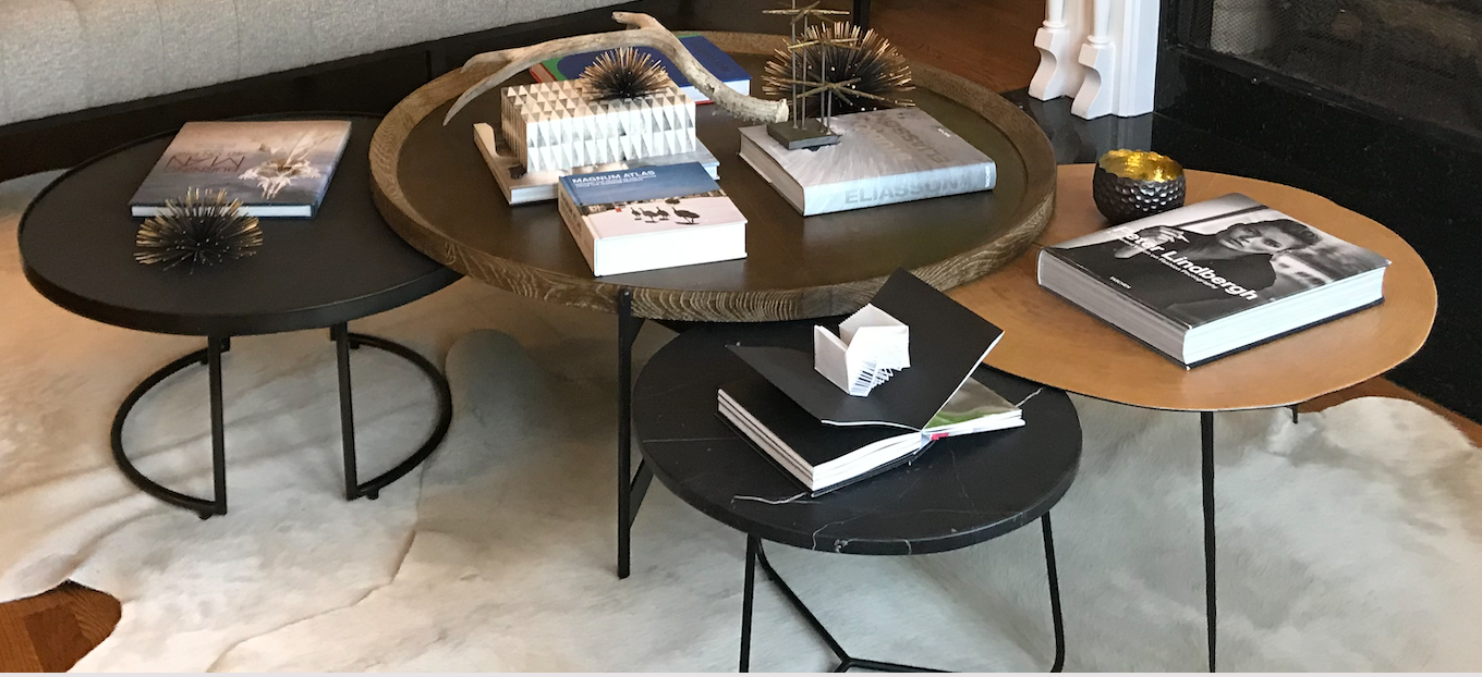 Round black marble with white veins side table or coffee table, black metal base