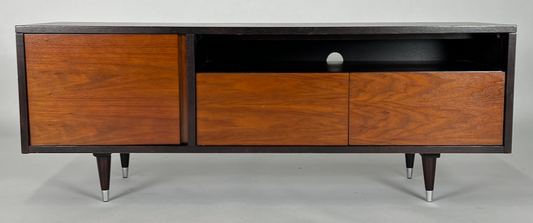Mid century media cabinet, black case, brown wood front