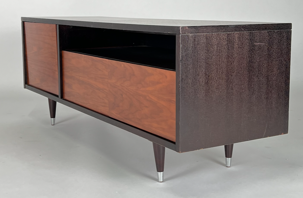 Mid century media cabinet, black case, brown wood front