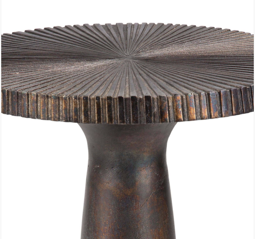 Warm blackened zinc pedestal side table with fluted top