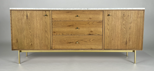 Marble top, light oak media cabinet with brass legs