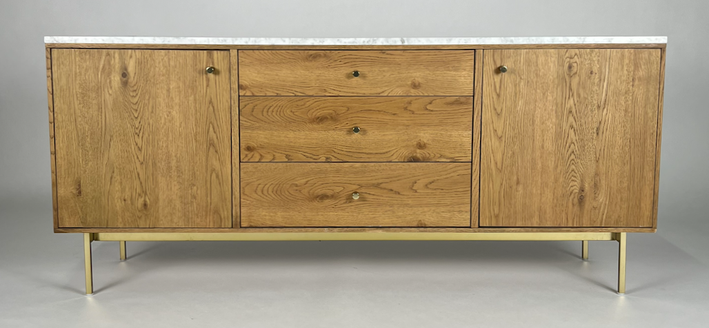 Marble top, light oak media cabinet with brass legs