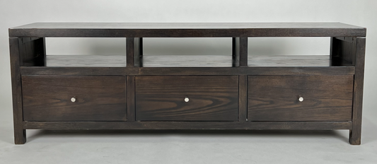 Dark brown media cabinet with 3 open cubbies and drawers