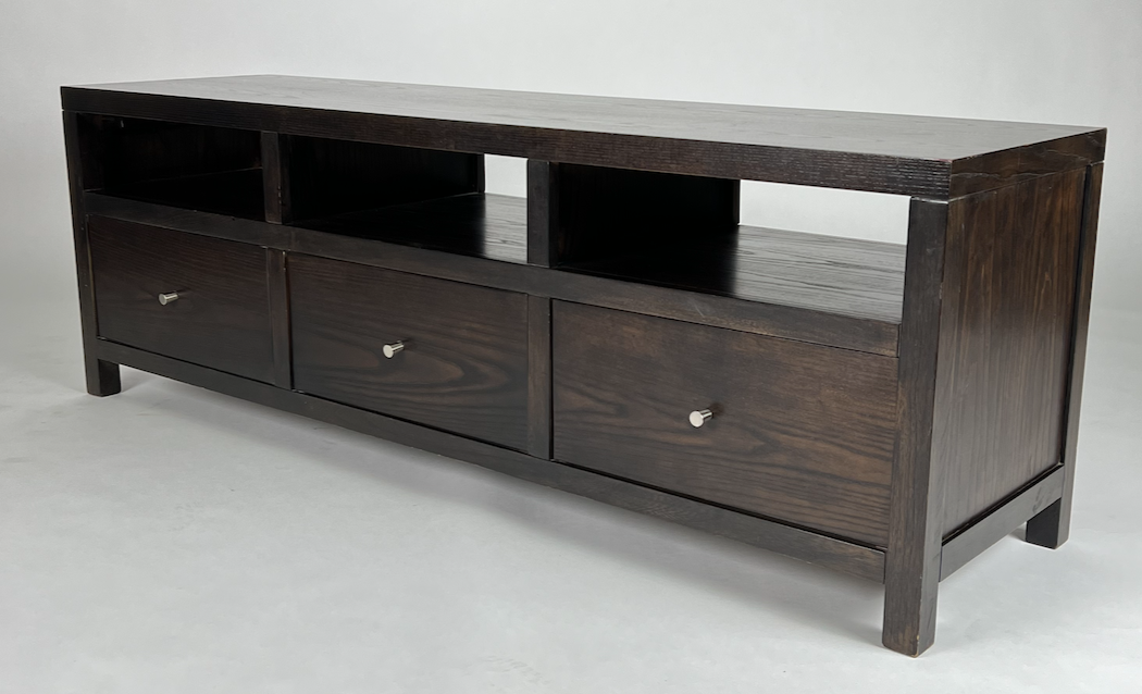 Dark brown media cabinet with 3 open cubbies and drawers