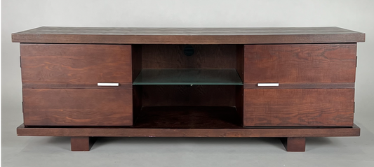 Traditional brown wood media cabinet with glass shelf