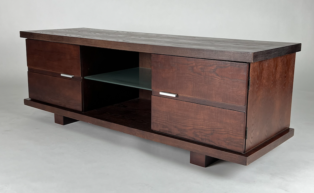 Traditional brown wood media cabinet with glass shelf