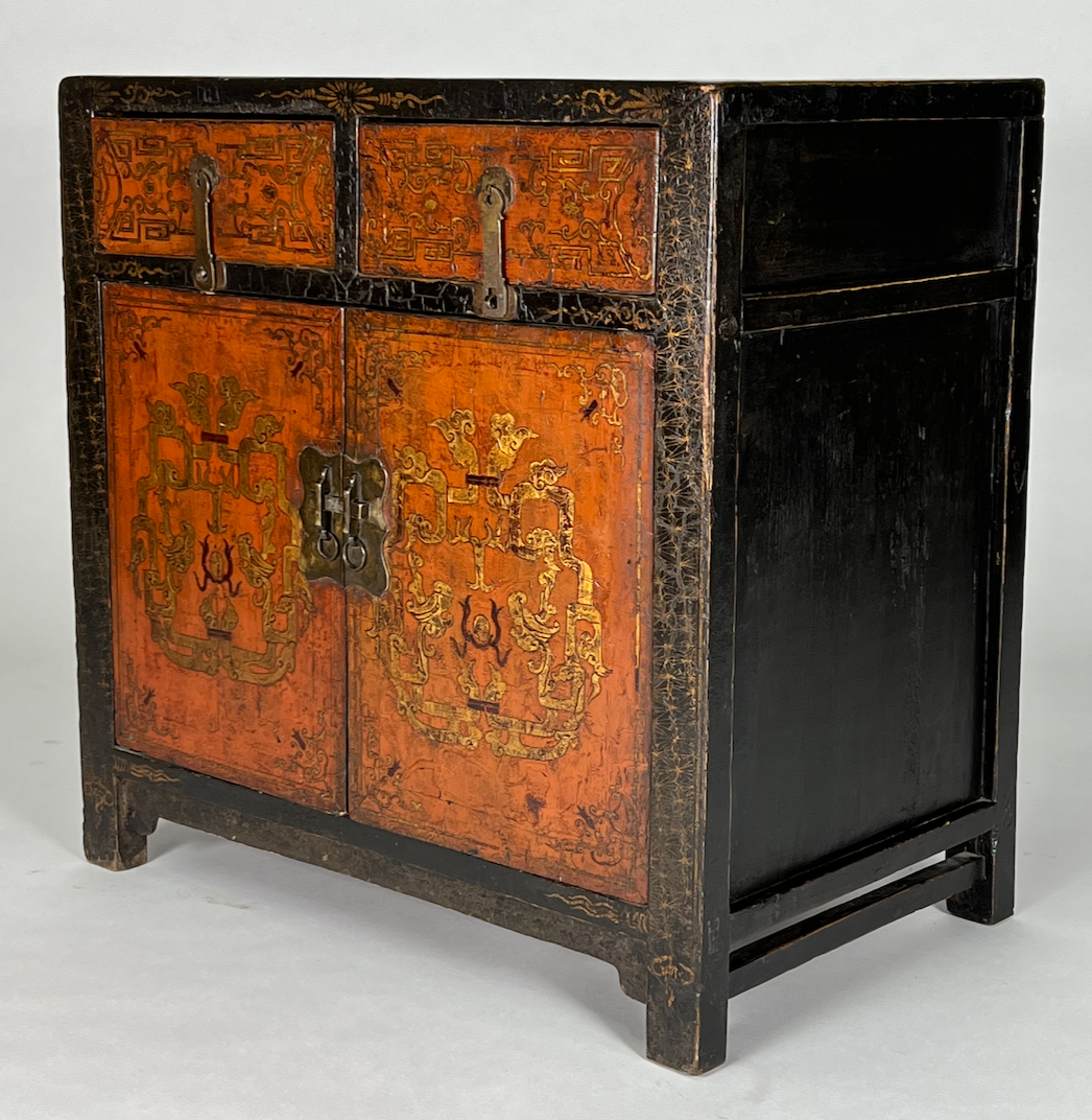 Antique Asian chest, gold leaf detailing, ornate metal pulls and clasp