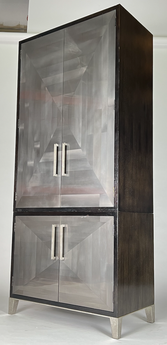 Clear coated silver resin veneer doors, hardwood case, 2 piece cabinet