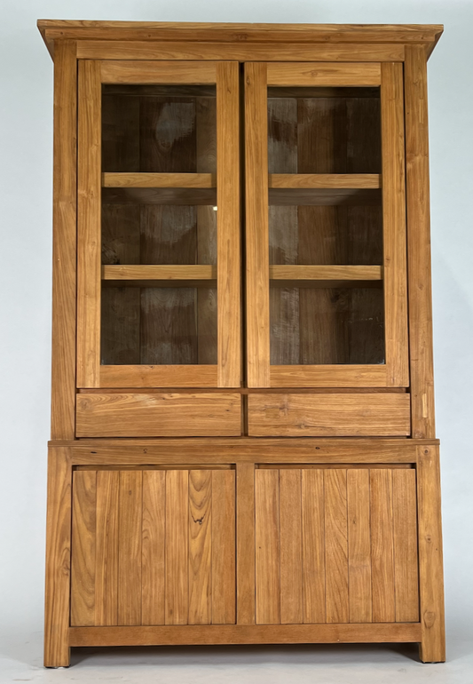 Raw teak 2 piece cabinet or hutch, glass front doors, movable shelves