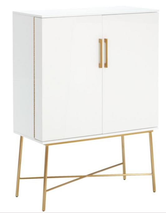 High gloss white bar cabinet with brass legs and handles