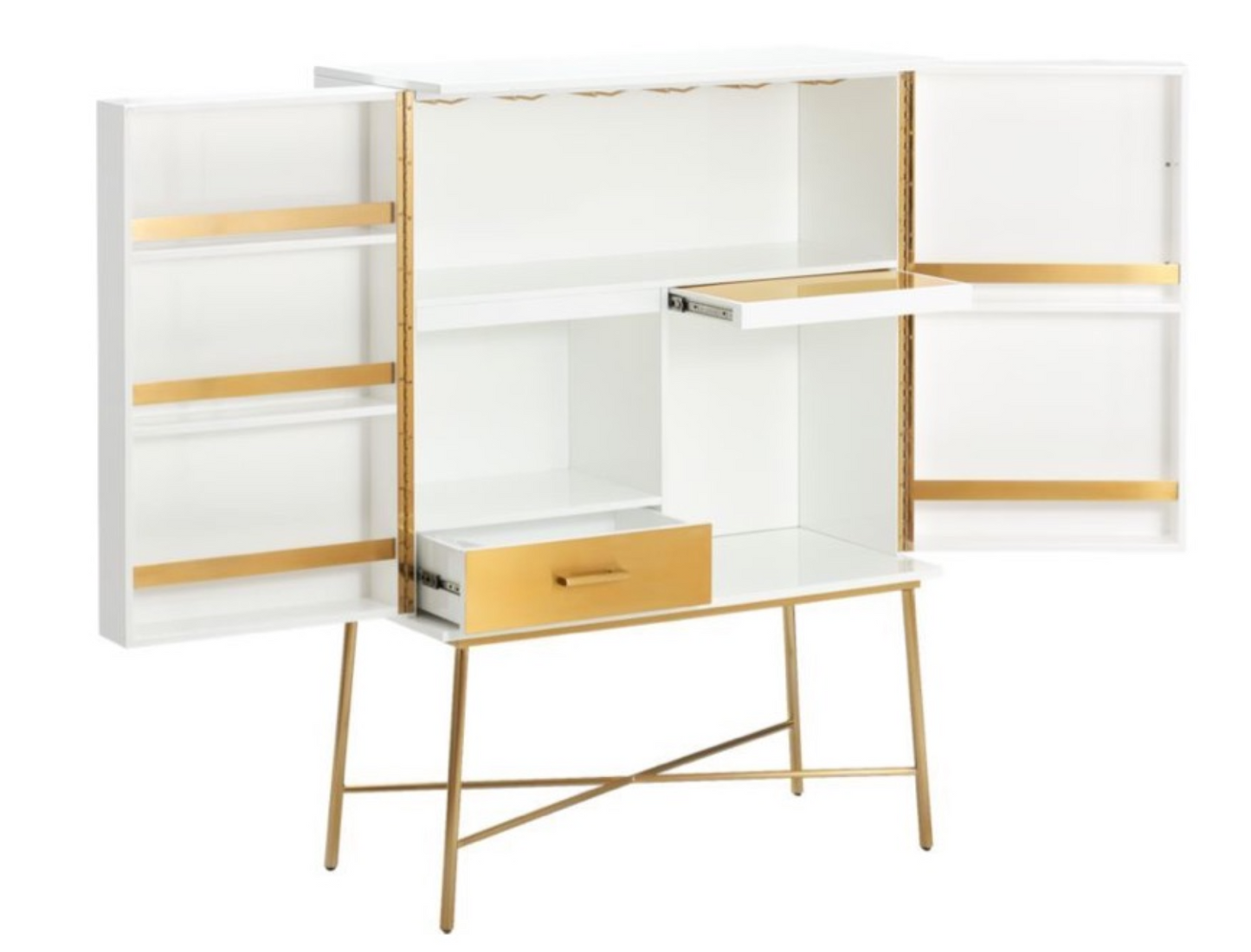 High gloss white bar cabinet with brass legs and handles