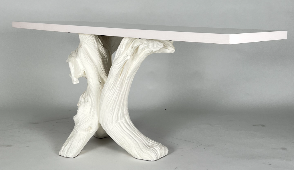 White resin cast stump base, gloss white top, console table