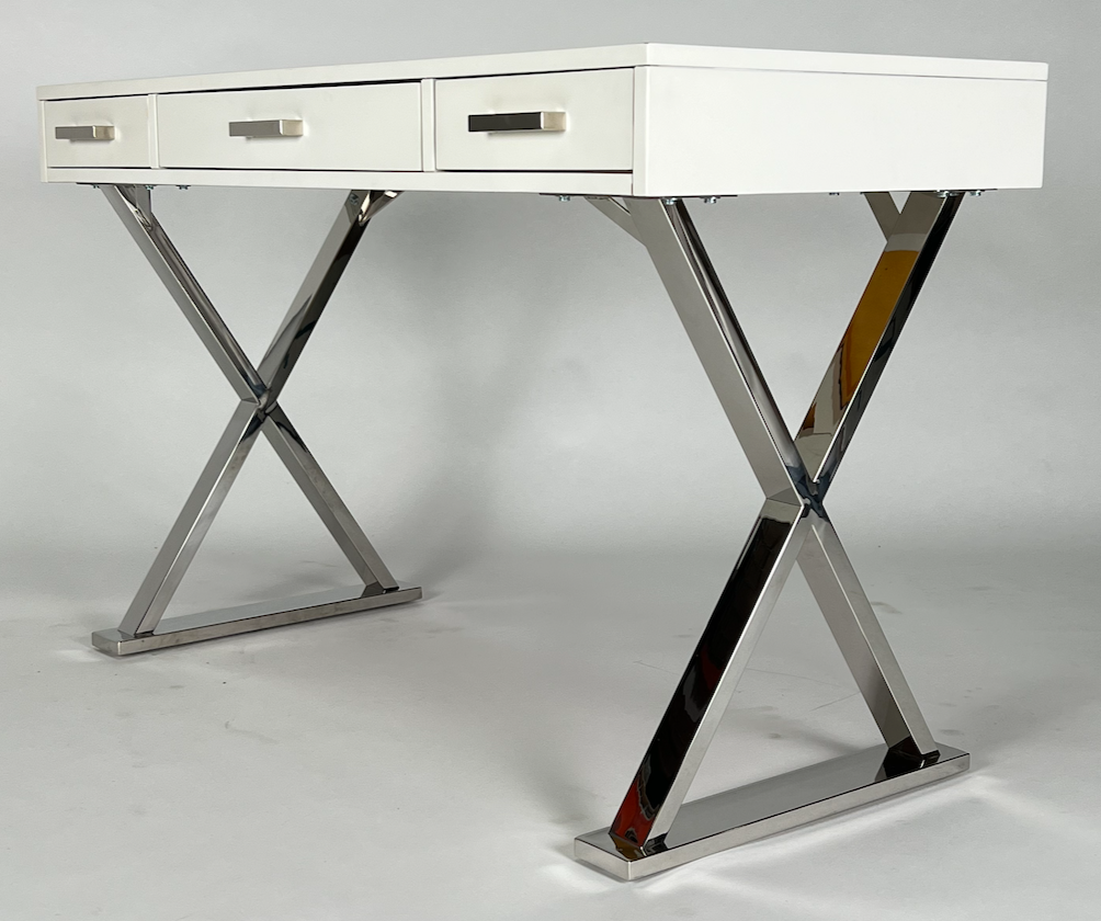 Gloss white desk with chrome X base