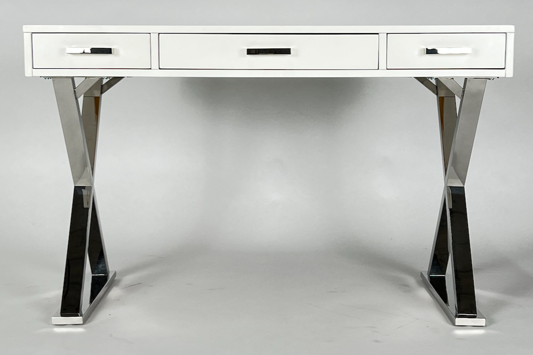 Gloss white desk with chrome X base