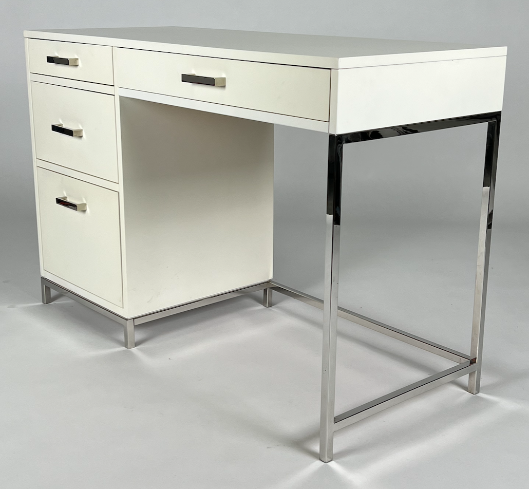 White desk, chrome frame and hardware