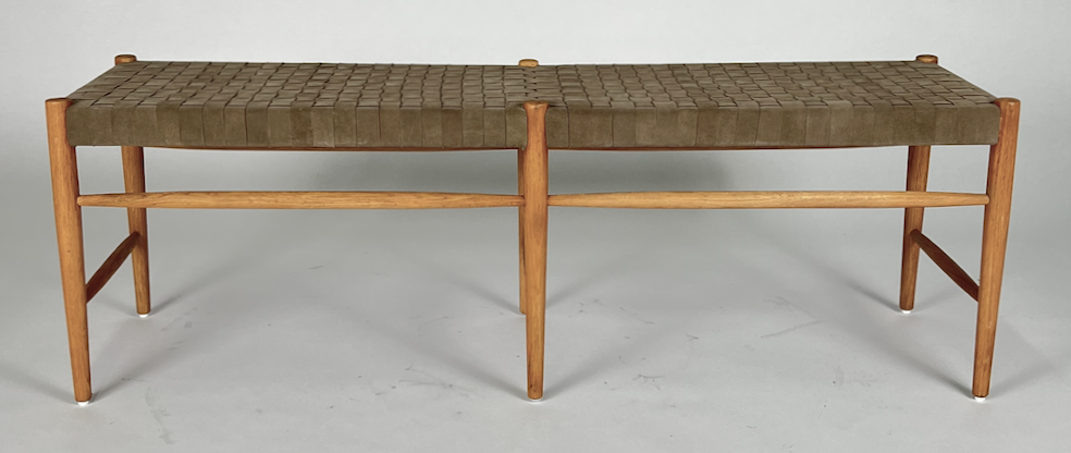 Coffee colored top grain woven leather seat with tapered wood legs bench