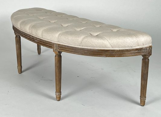Demi lune bench with blind tufted cream upholstered seat and washed traditional legs