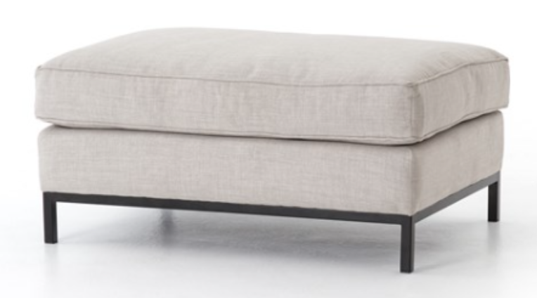 Pale gray fabric, black iron legs, ottoman or bench