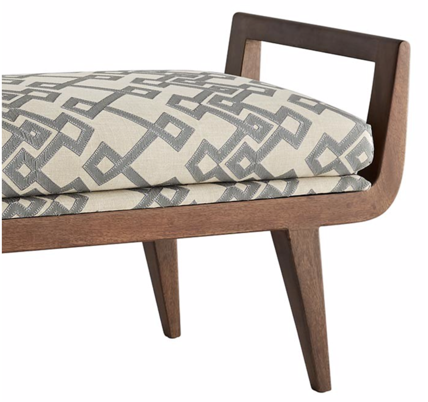 Cream and gray appliqué patterned bench with wood frame and handles
