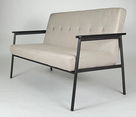 Gray upholstered bench with back, black frame