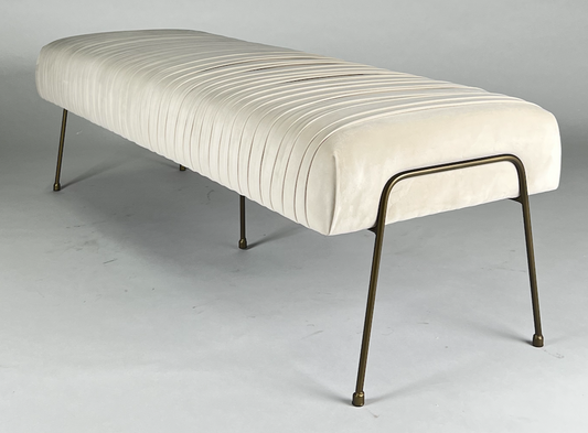 Off white velvet pleated bench with metal legs
