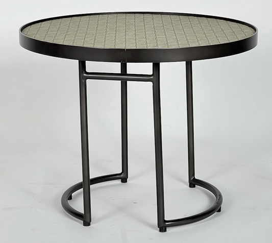 Taupe woven leather top, round table with black metal base