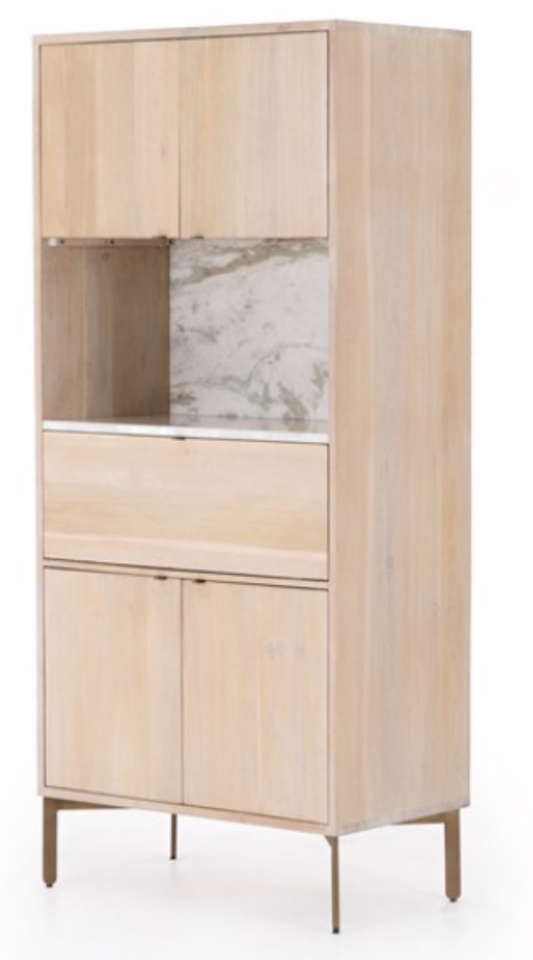 Pale washed wood bar cabinet with marble cubby, brass legs