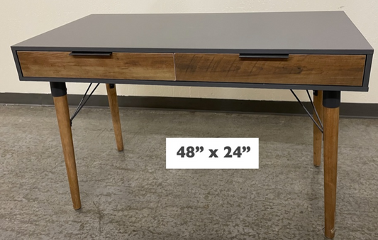 Two tone desk, gray case, warm wood drawers and legs