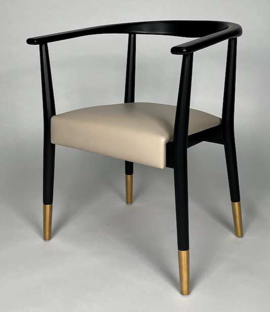Black frame, taupe leather seat, brass tips, round back dining chair