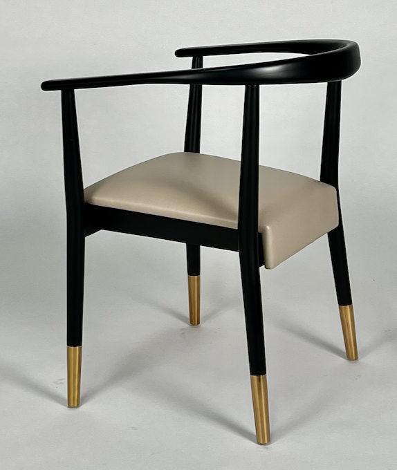 Black frame, taupe leather seat, brass tips, round back dining chair