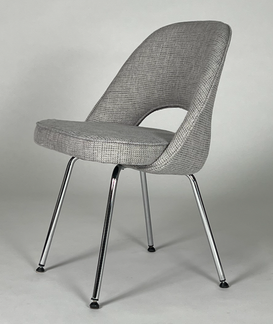 Saarinen like chair, blue gray nubbly fabric, chrome frame