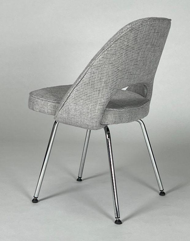 Saarinen like chair, blue gray nubbly fabric, chrome frame