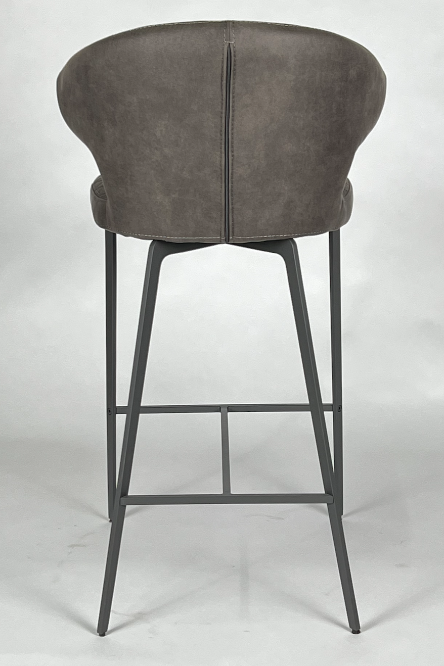 Dark charcoal counter stool with back, quilted pattern, dark metal legs