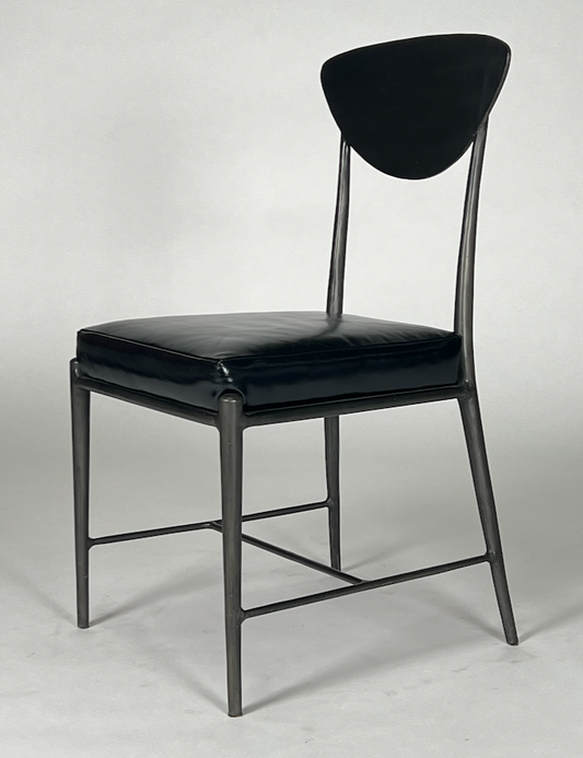 Black metal dining chair with black leather seat