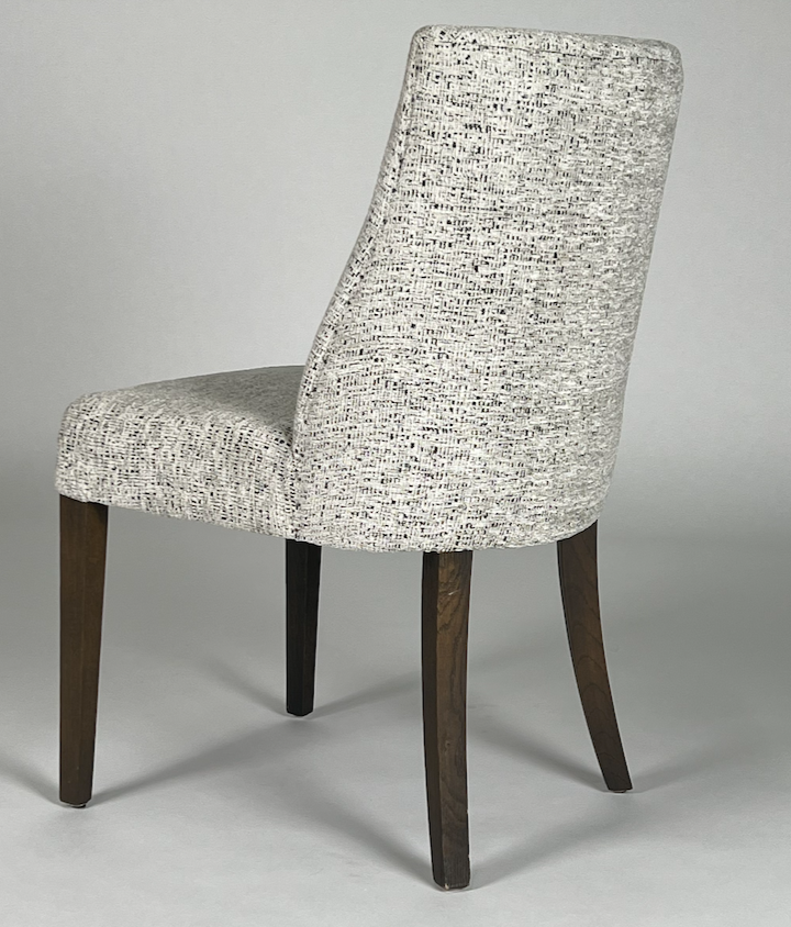 Black and white speckled fabric, barrel back chair with black legs