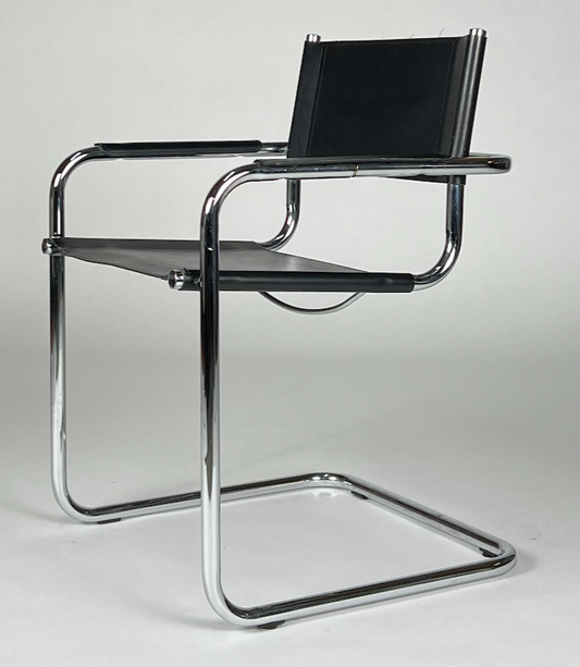 Black leather seat and back, chrome tubular frame, chair